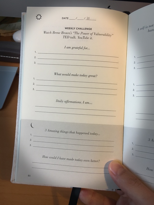 The five minute journal template, showing the questions asked in the journal.