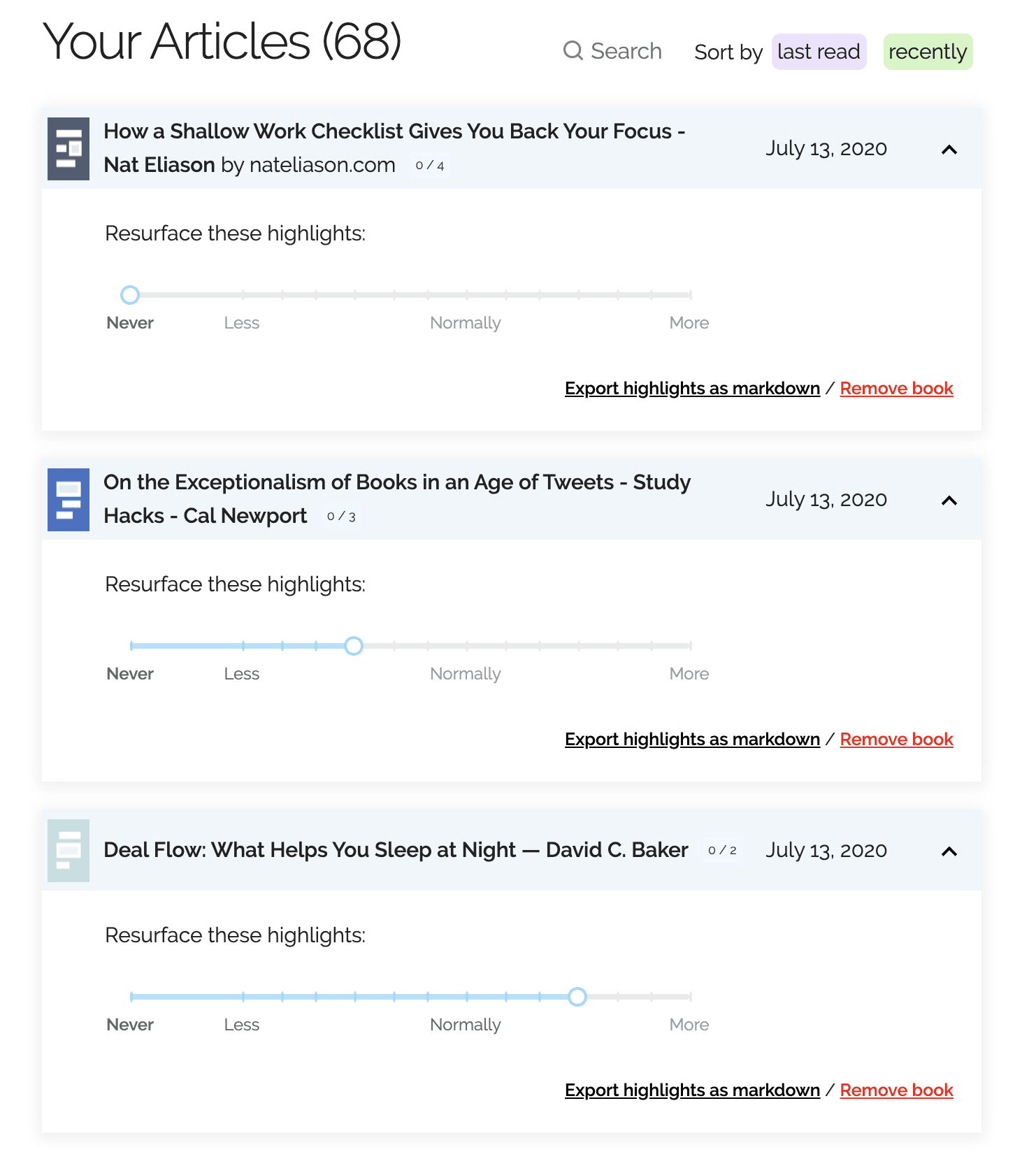 Tuning articles in Readwise